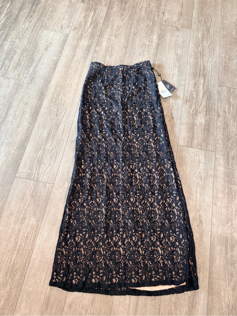 Adrianna Papell Navy Lace Maxi Skirt with Nude Underlay
